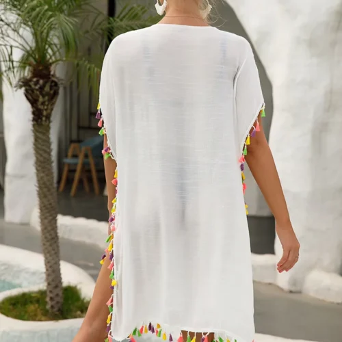 Floral Crochet Knit Beach Cover-Up Dress with Fringe Trim
