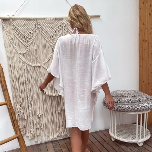 Cotton-Blend Floral Open-Knit Beach Tunic with Fringe Hem