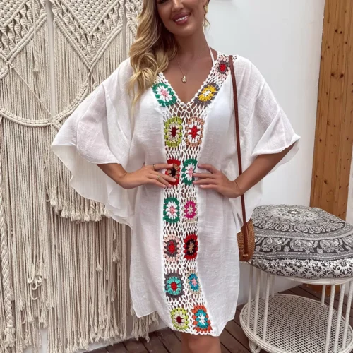 Cotton-Blend Floral Open-Knit Beach Tunic with Fringe Hem