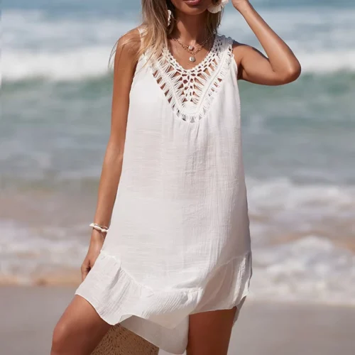 V-Neck Backless Crochet-Splice Beach Cover-Up Dress with Colorful Accents