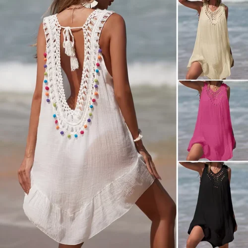 V-Neck Backless Crochet-Splice Beach Cover-Up Dress with Colorful Accents