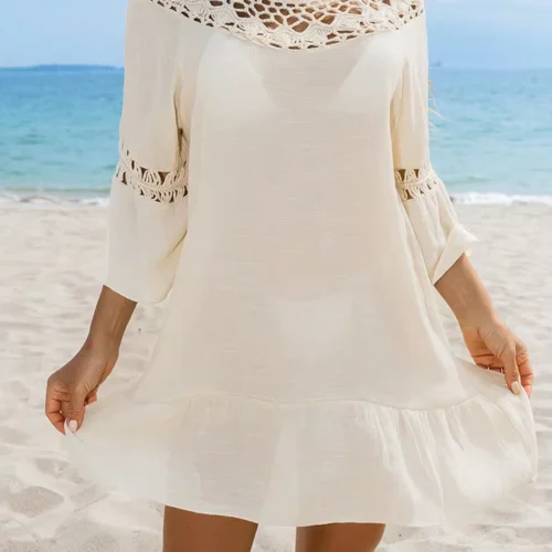Patchwork Open-Knit Mini Beach Cover-Up Dress