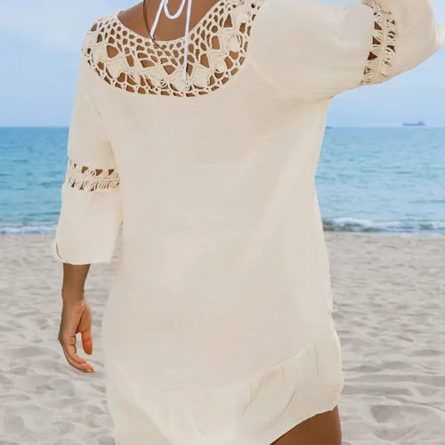 Patchwork Open-Knit Mini Beach Cover-Up Dress