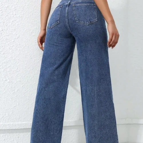 Women’s Loose Wide-Leg Washed Denim Jeans with Pockets