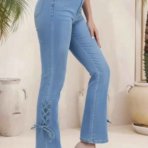 Women’s High-Waist Lace-Up Flare Jeans in Stretch Denim