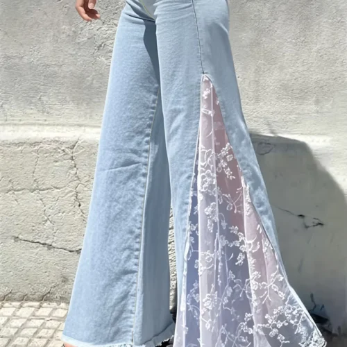Women’s Floral Lace Flare Jeans with Garment-Washed Finish