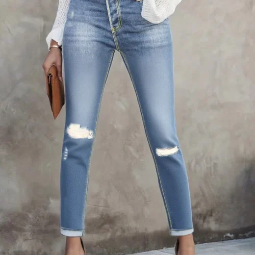 Women’s Light-Blue Distressed Skinny Jeans with High-Rise Fit
