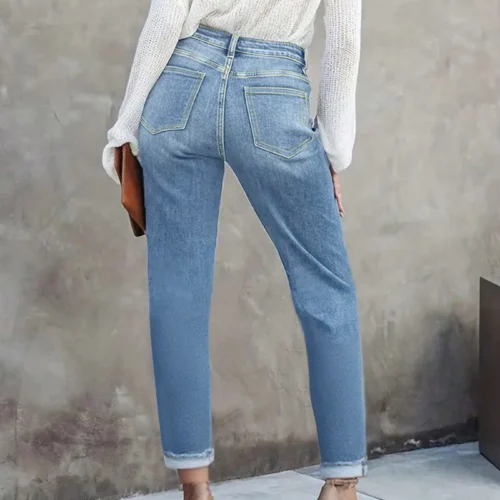Women’s Light-Blue Distressed Skinny Jeans with High-Rise Fit