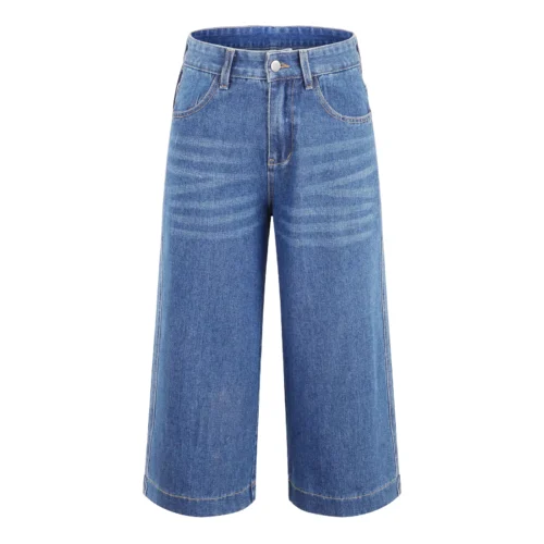 Women’s High-Waist Wide-Leg Capri Jeans with Button Fly
