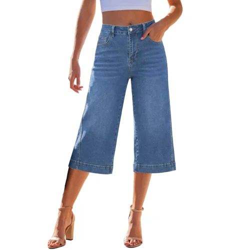 Women’s High-Waist Wide-Leg Capri Jeans with Button Fly
