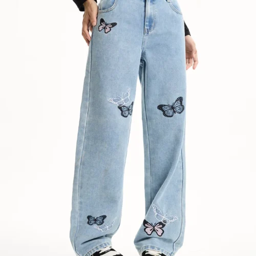 Girls’ Butterfly-Embroidered Loose Straight-Leg Jeans