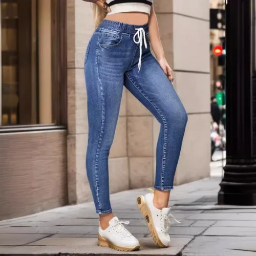 Women’s Drawstring-Waist Stretch Skinny Jeans in Navy Blue