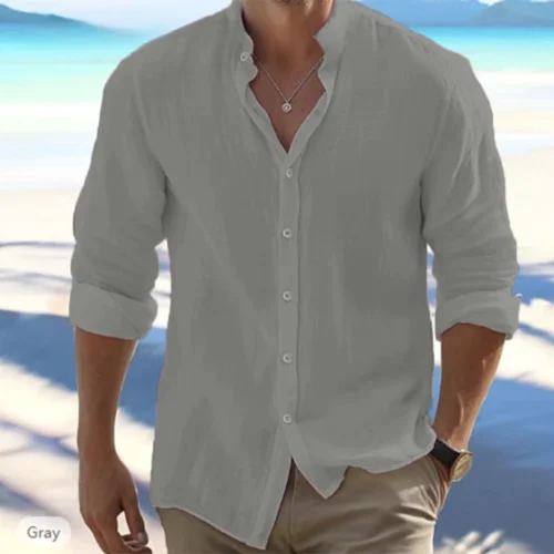 Men’s Cotton-Linen Herringbone Long-Sleeve Coastal Shirt
