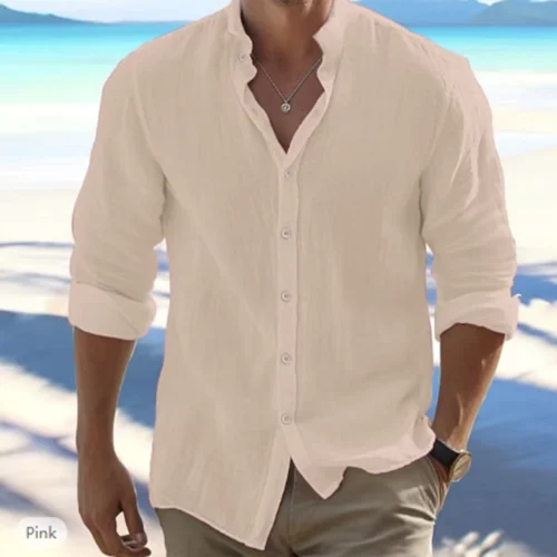 Men’s Cotton-Linen Herringbone Long-Sleeve Coastal Shirt