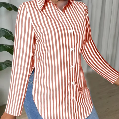 Women’s Striped Long-Sleeve Button-Up Shirt with Side Slits