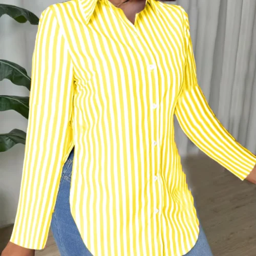 Women’s Striped Long-Sleeve Button-Up Shirt with Side Slits