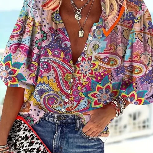 Multicolor Floral Long-Sleeve Pullover Blouse with Turn-Down Collar
