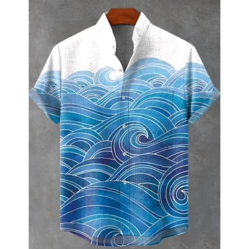 Men’s Blue Wave Print Short-Sleeve Coastal Travel Shirt