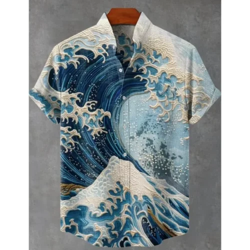Men’s Blue Wave Print Short-Sleeve Coastal Travel Shirt