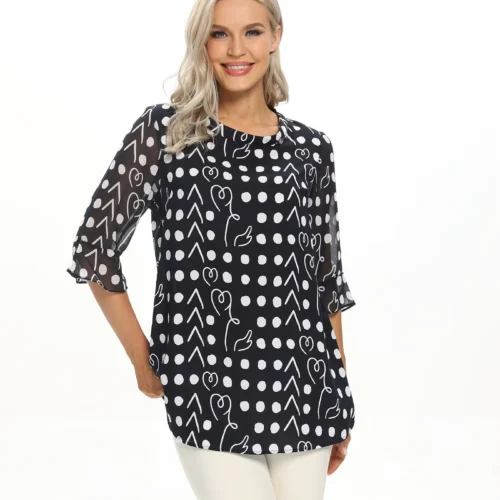 Navy Polka-Dot Three-Quarter Sleeve Top