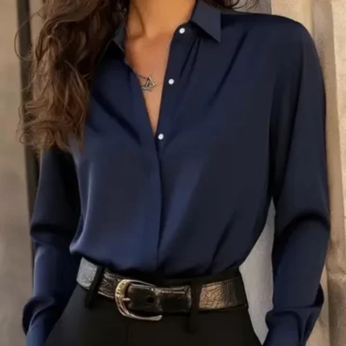 Women’s Solid Jersey Button-Up Shirt with Classic Collar