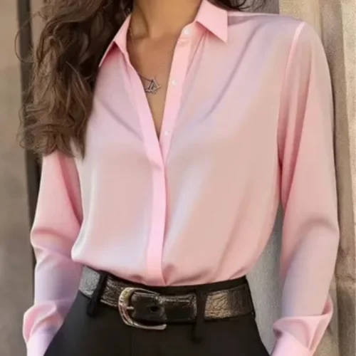 Women’s Solid Jersey Button-Up Shirt with Classic Collar
