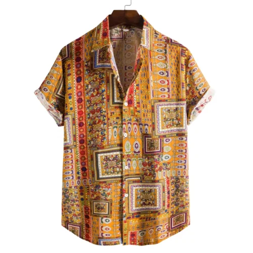 Men’s Retro 90s Print Loose Short-Sleeve Travel Shirt