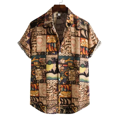 Men’s Retro 90s Print Loose Short-Sleeve Travel Shirt