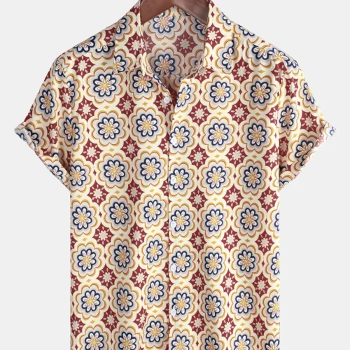 Men’s Striped Lapel Short-Sleeve Holiday Shirt