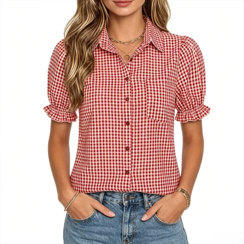 Printed O-Neck Long-Sleeve Blouse with Partial Button Front
