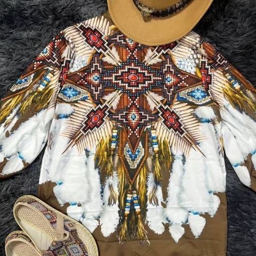 Multicolor Geometric-Print Shirt with Three-Quarter Trumpet Sleeves