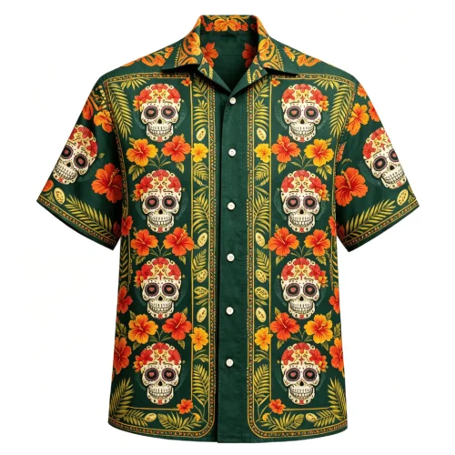 Men’s Skull and Hibiscus Print Short-Sleeve Travel Shirt