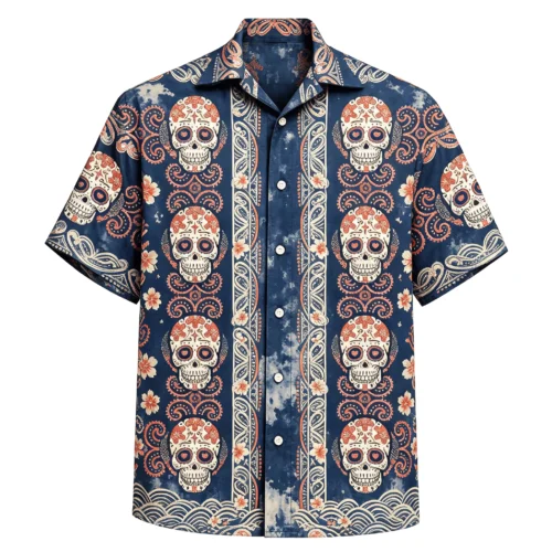 Men’s Skull and Hibiscus Print Short-Sleeve Travel Shirt