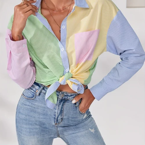 Mixed-Color Patchwork Drop-Shoulder Button-Up Shirt