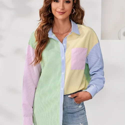 Mixed-Color Patchwork Drop-Shoulder Button-Up Shirt