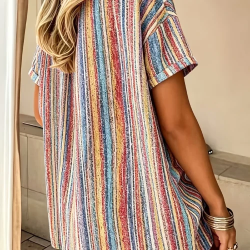 Multicolor Striped Short-Sleeve Button-Up Shirt