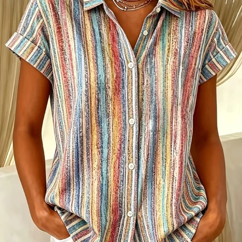 Multicolor Striped Short-Sleeve Button-Up Shirt