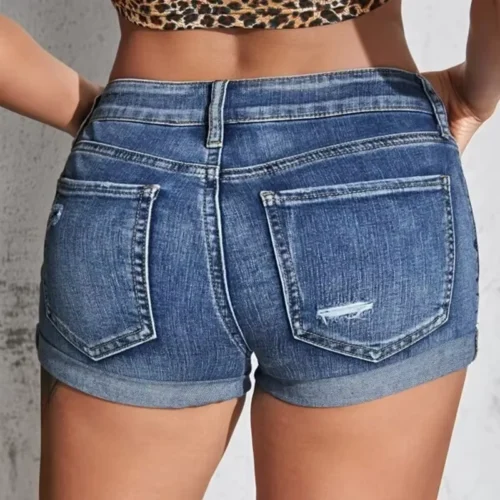 Women’s Blue Stretch Denim Shorts with Rolled Cuffs and Side Slits