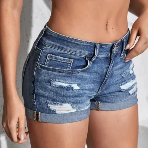Women’s Blue Stretch Denim Shorts with Rolled Cuffs and Side Slits