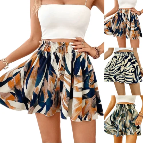 Women’s Printed Paperbag-Waist Wide-Leg Travel Shorts