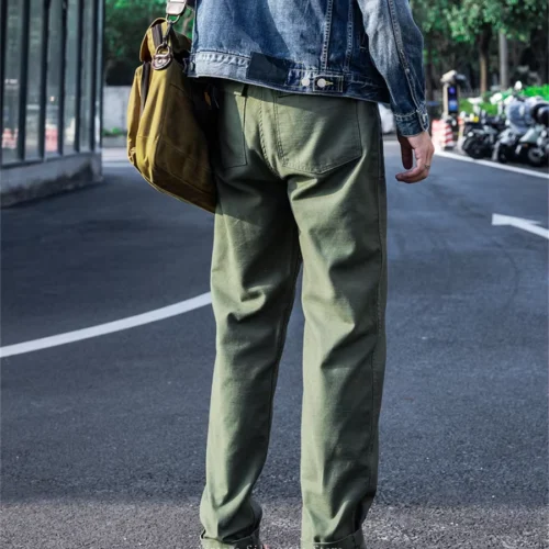 Vintage Olive Cotton Sateen Baker Pants with Side Waist Tabs