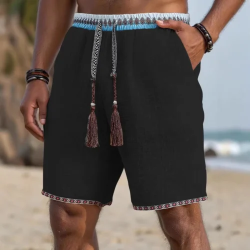 Men’s Vintage Patchwork Drawstring Beach Shorts with Pockets