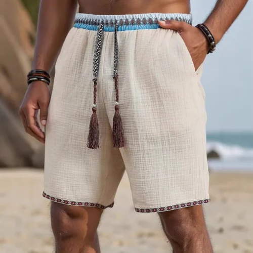 Men’s Vintage Patchwork Drawstring Beach Shorts with Pockets