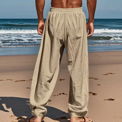 Linen-Blend Loose Straight Travel Pants with Drawstring Waist