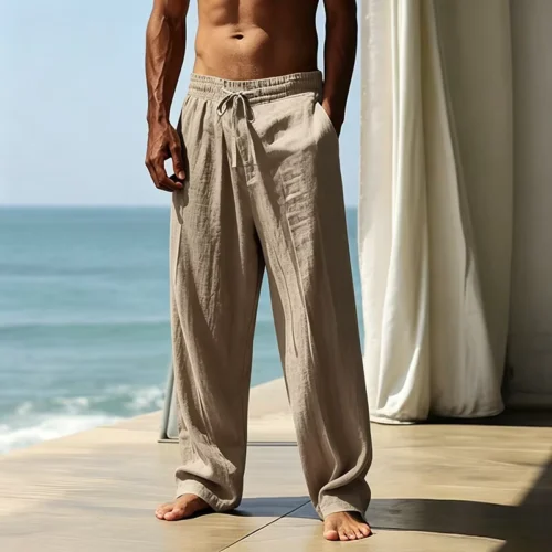 Linen-Blend Loose Straight Travel Pants with Drawstring Waist