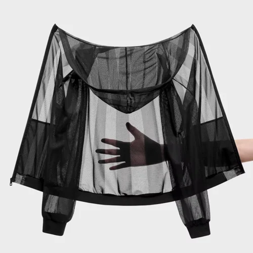 Loose-Fit Hollow-Out Hooded Sun Jacket with Full-Zip Front