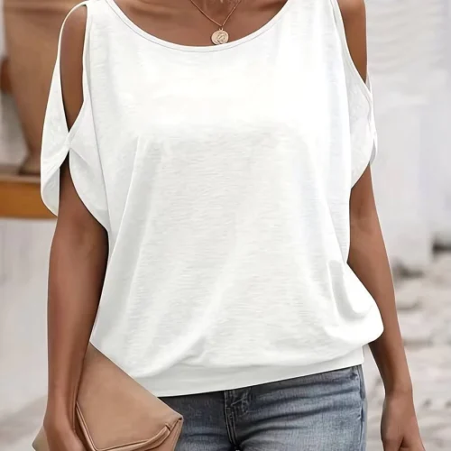 Women’s White Cold-Shoulder Loose Knit Tee